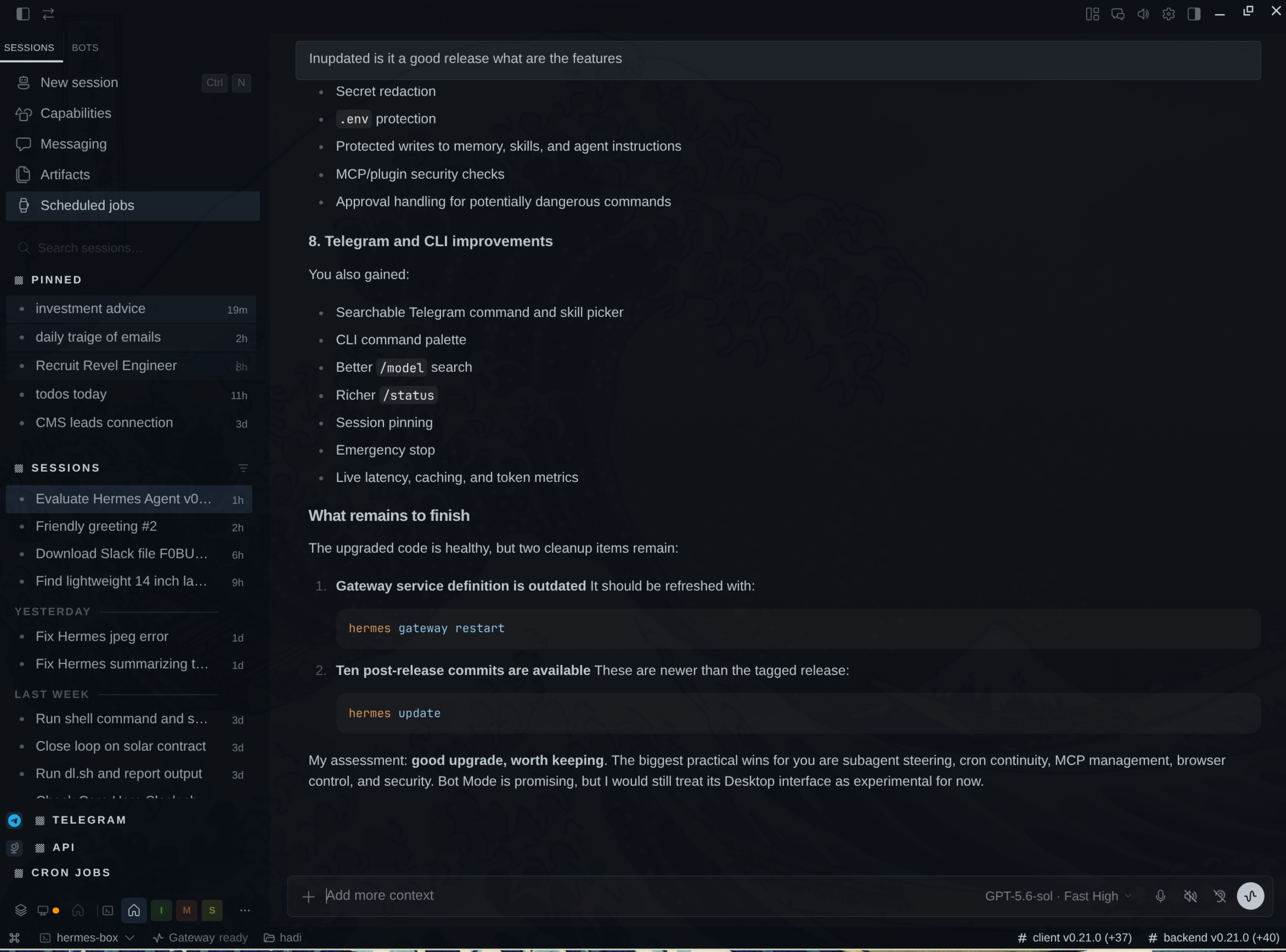 Hermes desktop app connected to the gateway on the dev box