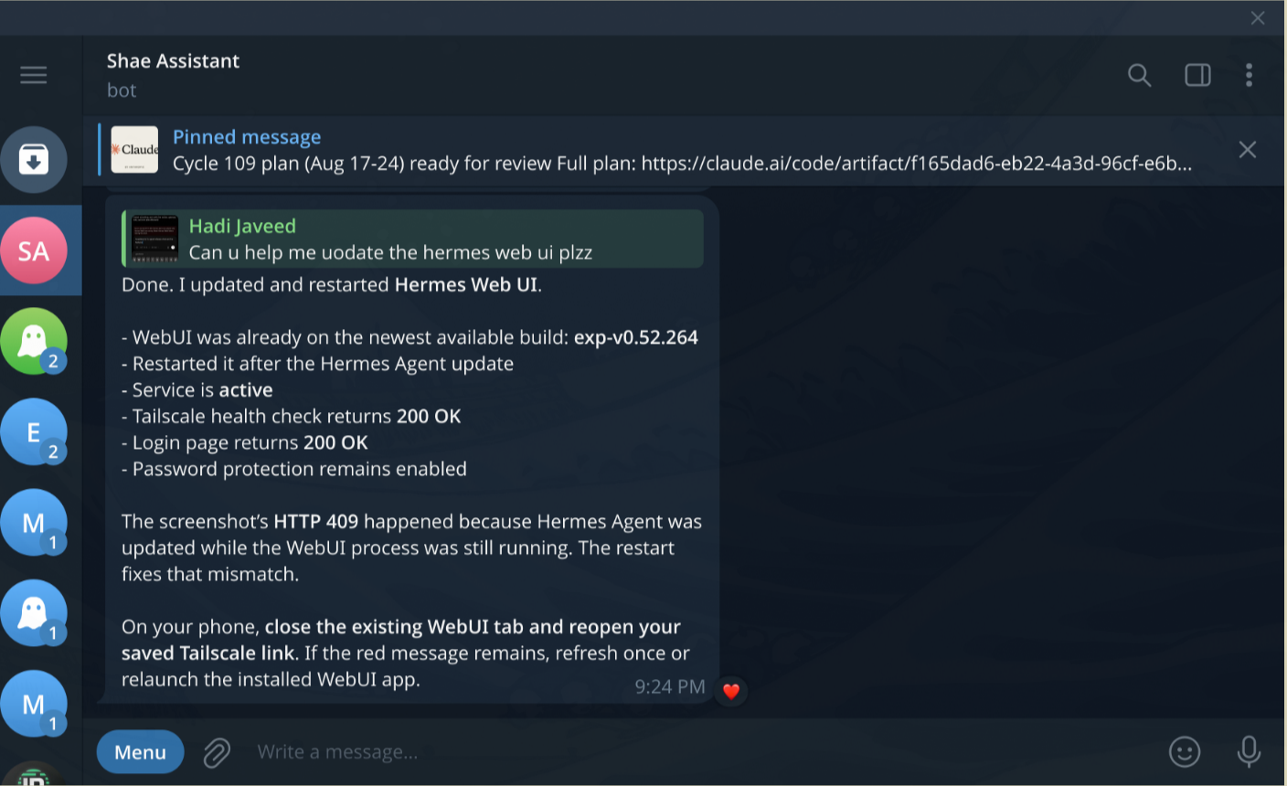Shae Assistant, Hermes on Telegram, working on the dev box