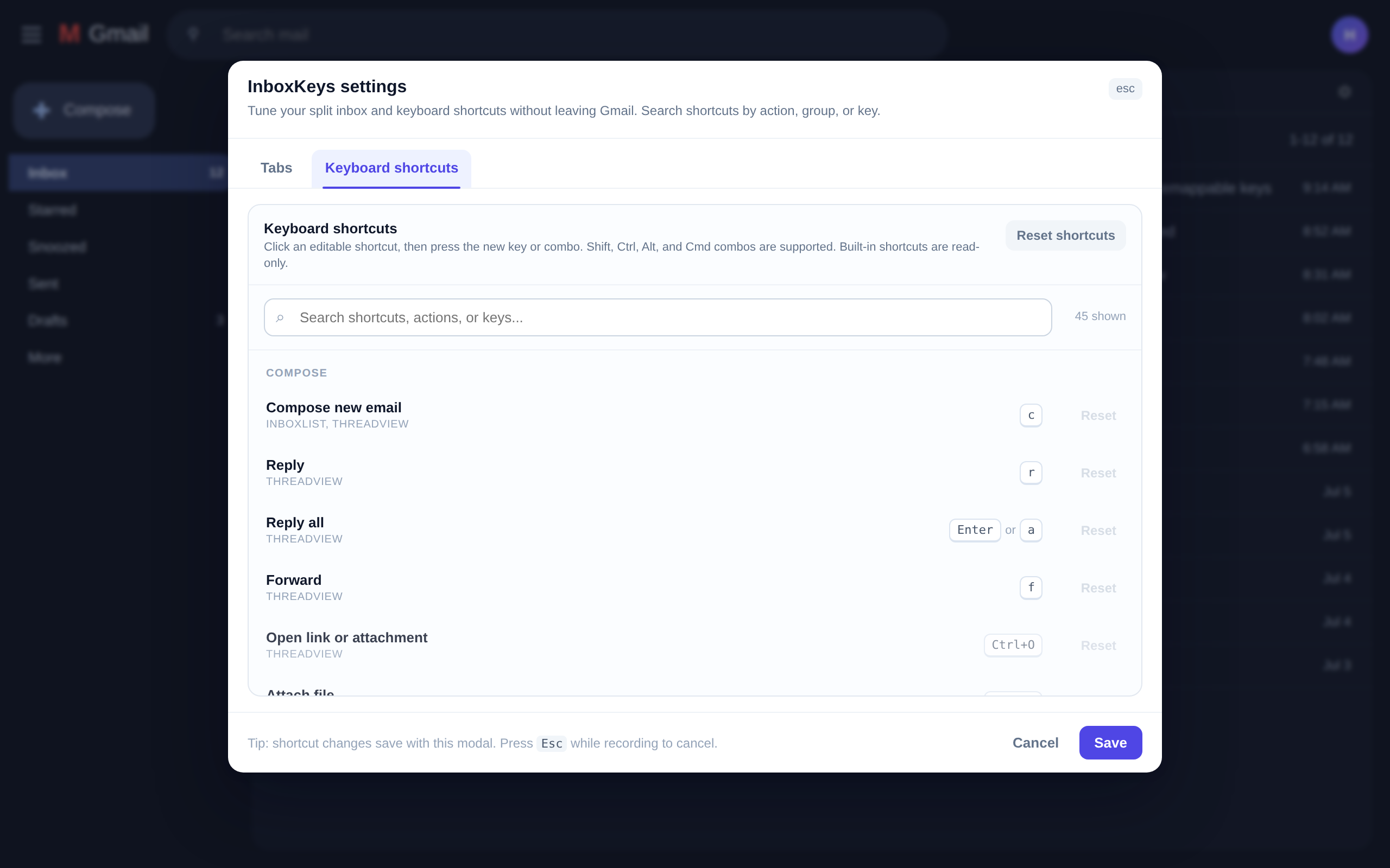 Remapping keyboard shortcuts inside Gmail