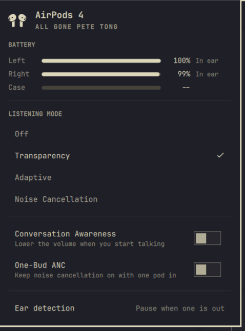 AirPods plugin showing battery levels, transparency and noise cancellation modes, and ear detection controls