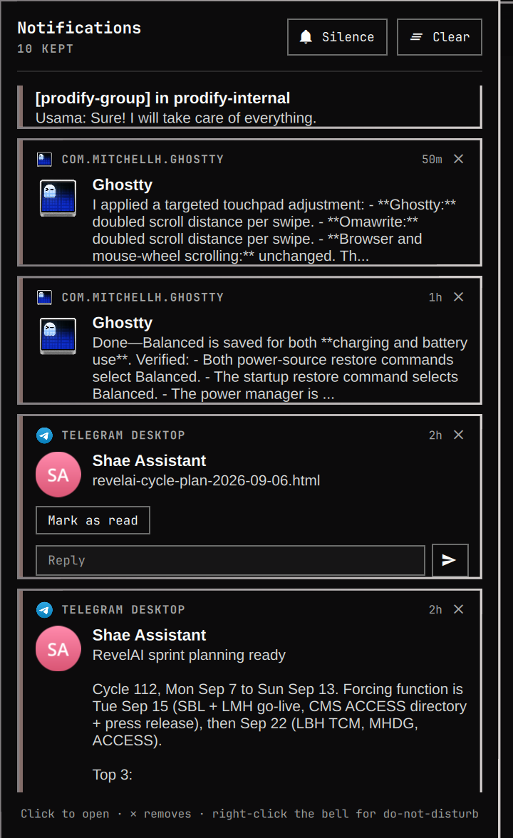 My notification plugin showing notification cards, silence and clear controls, and an inline reply field