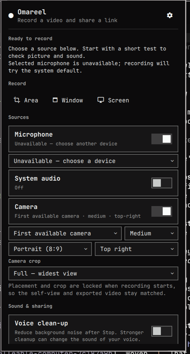 Omareel recording panel with screen capture, camera layout, and voice cleanup controls